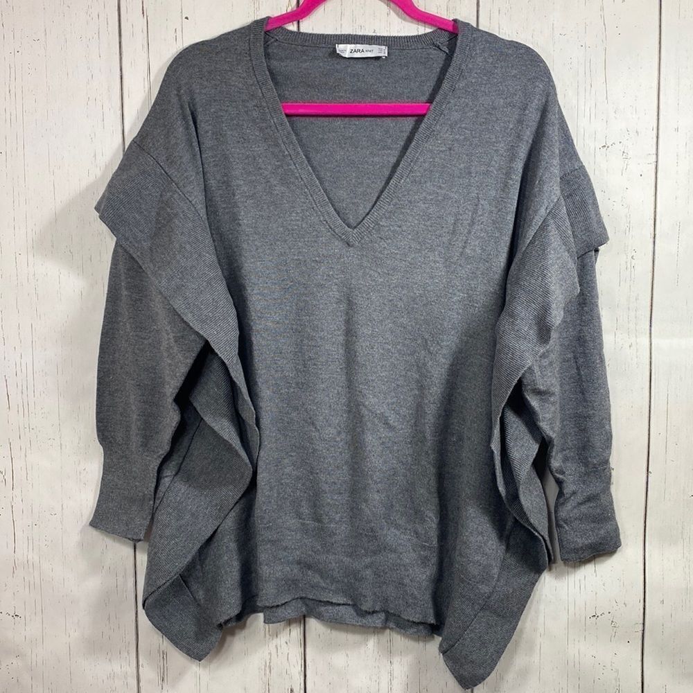 Zara Gray Ruffle Shoulder Sweater Chic Minimalist Modern Layering Feminine